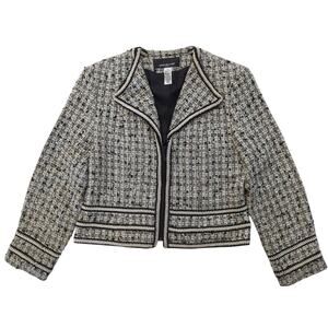 JONES NEW YORK Petite Black Cream Boucle Front Zip Jacket Blazer Womens Size 10P